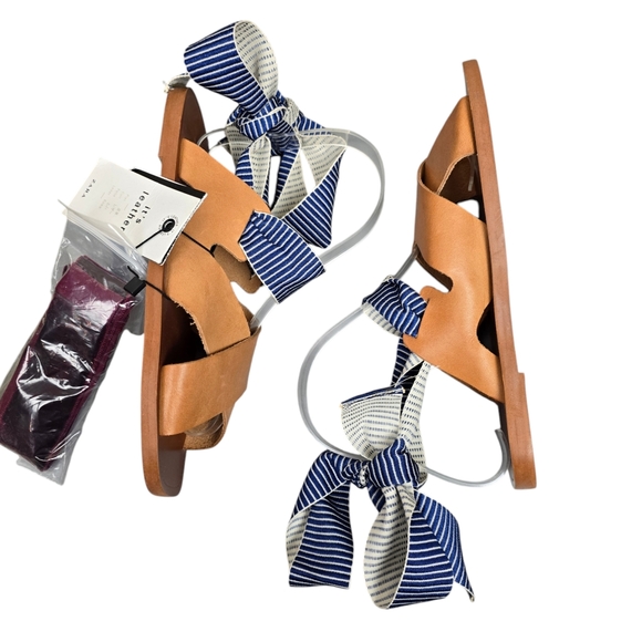 Zara Womens Burgundy Blue Ribbon Lace Up Tan Leather Sandals Size 7 / EU 37 NWT - Picture 4 of 9